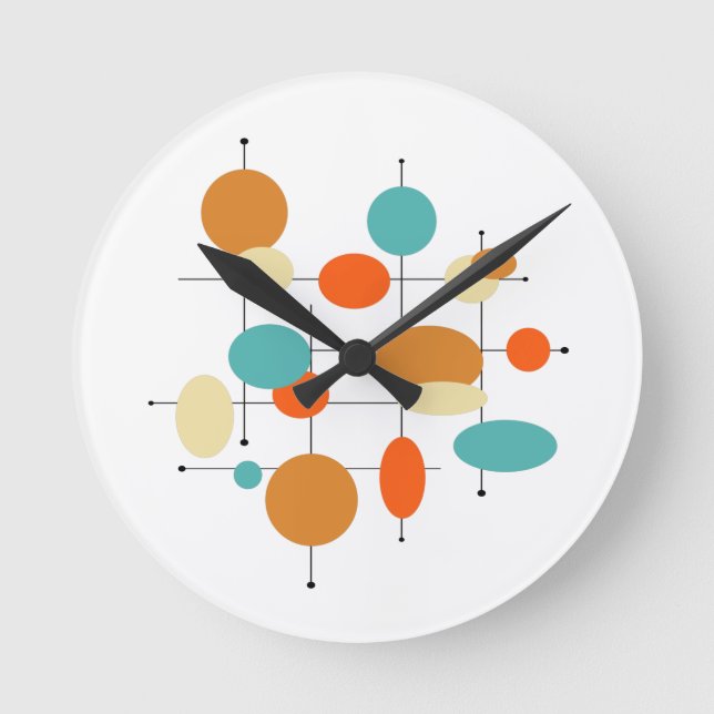 Mid Century Modern Retro Orange Turquoise Circles Round Clock (Front)