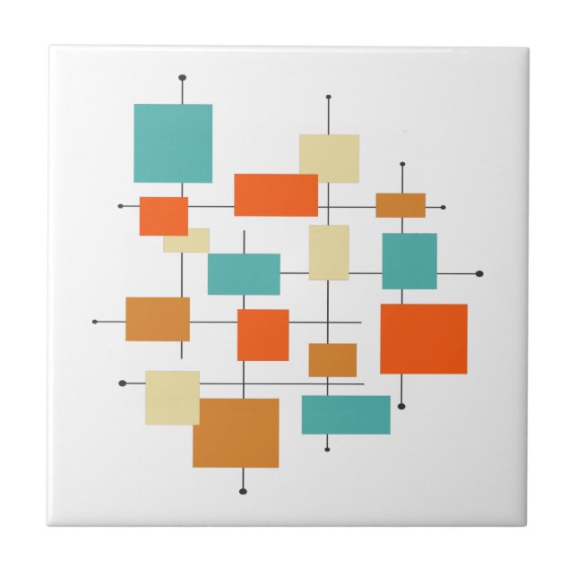 Mid Century Modern Retro Orange Turquoise Squares Ceramic Tile (Front)
