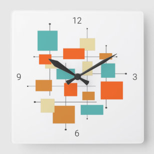 Mid Century Modern Retro Orange Turquoise Squares Square Wall Clock