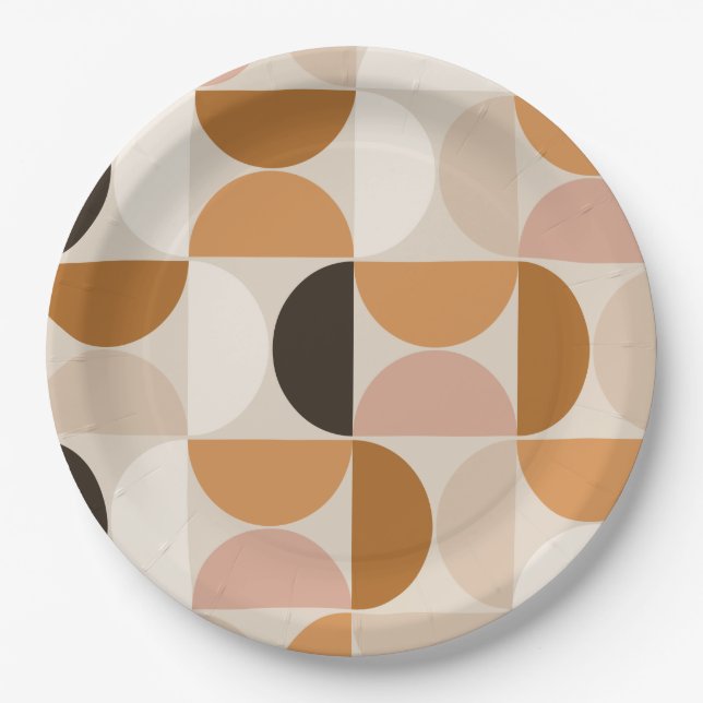 Mid Century Modern Retro Pattern Brown Earth Tones Paper Plates (Front)