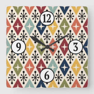 Mid Century Modern Retro Starburst Pattern Square Wall Clock
