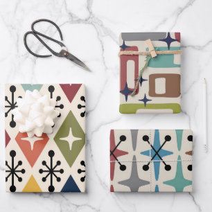 Mid Century Modern Retro Starburst Pattern Wrapping Paper Sheets