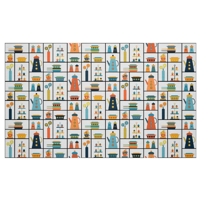 Mid Century Modern Retro Stylish Kitchen Shelves Fabric (Fat Quarter)