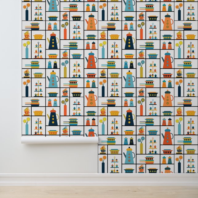 Mid Century Modern Retro Stylish Kitchen Shelves Wallpaper (Application)