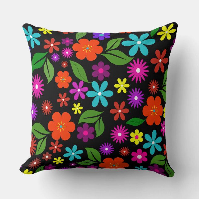 mid century modern retro vibrant floral black throw pillow (Front)
