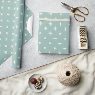 Mid century Modern Retro Winter Blue Atomic Stars Wrapping Paper