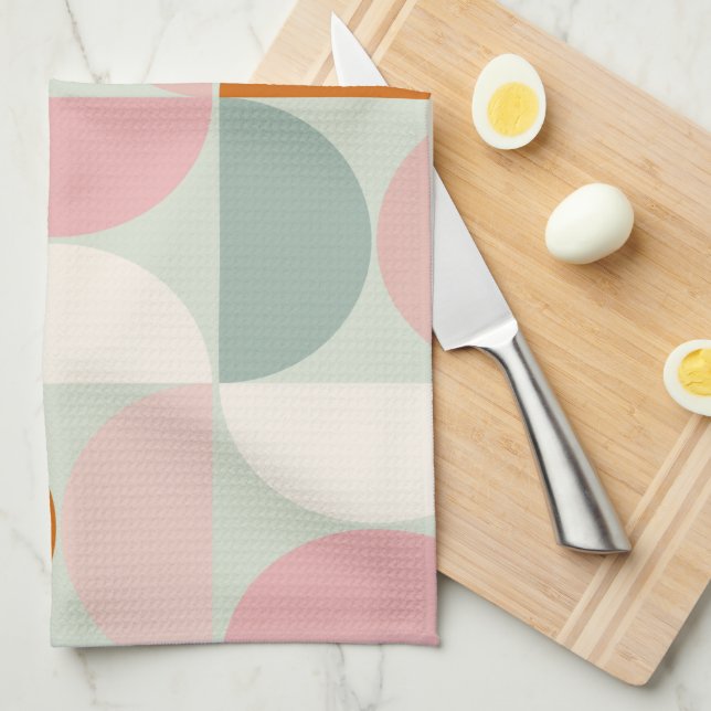 Mid Century Modern Sage Green Blush Orange Pattern Kitchen Towel (Quarter Fold)
