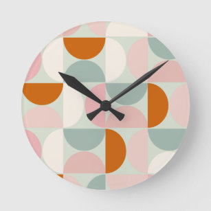 Mid Century Modern Sage Green Blush Orange Pattern Round Clock