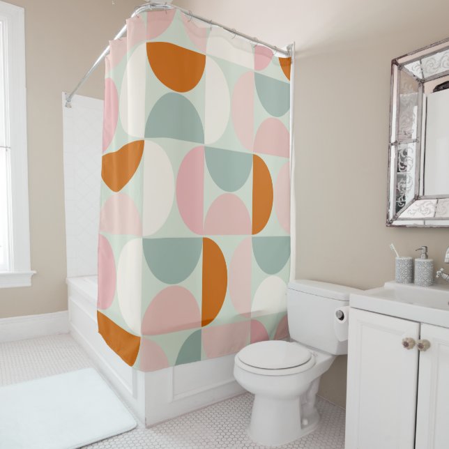 Mid Century Modern Sage Green Blush Orange Pattern Shower Curtain (In Situ)