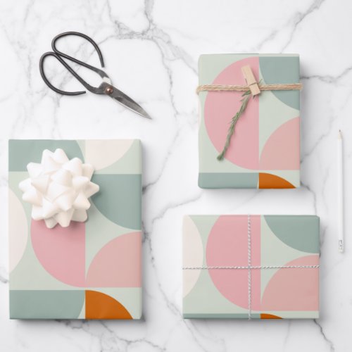 Mid Century Modern Sage Green Blush Orange Pattern Wrapping Paper Sheets