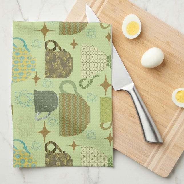 Mid Century Modern Sage Teacup  Kitchen Towel (Quarter Fold)