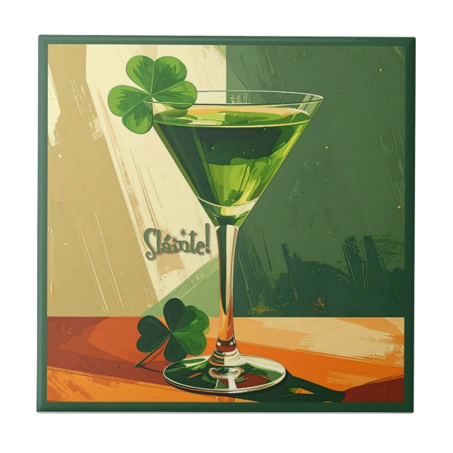 Mid Century Modern Shamrock Martini Sláinte!  Ceramic Tile (Front)
