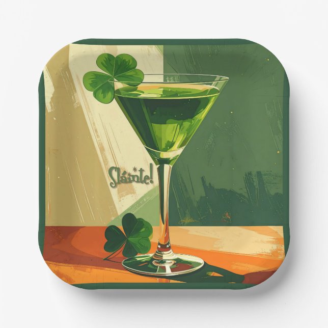 Mid Century Modern Shamrock Martini Sláinte!  Paper Plates (Front)