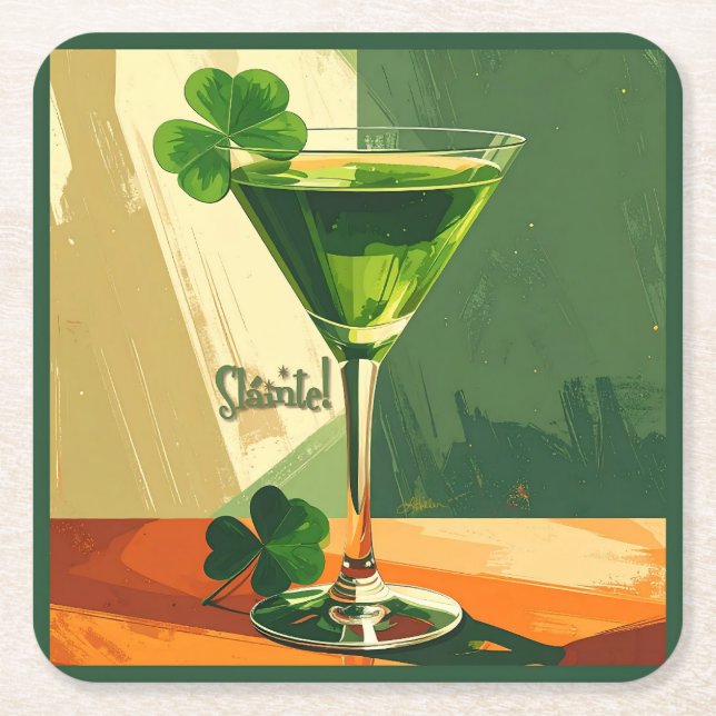 Mid Century Modern Shamrock Martini Sláinte!  Square Paper Coaster (Front)