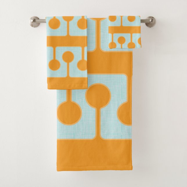 Mid Century Modern Shapes in Sync Orange, Aqua Bath Towel Set (Insitu)