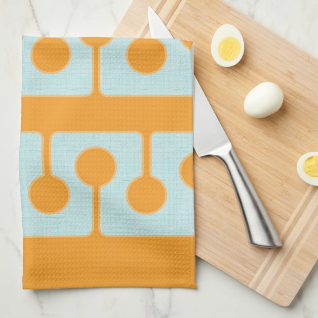 Mid Century Modern Shapes in Sync Orange, Aqua Kitchen Towel (Quarter Fold)
