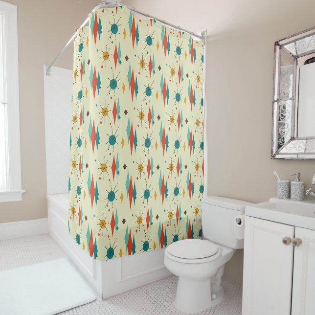 Mid-Century Modern Shower Curtain, Diamond Pattern Curtain (In Situ)