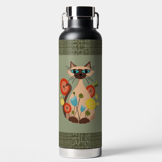 Mid-Century Modern Siamese Cat  Water Bottle (Front)