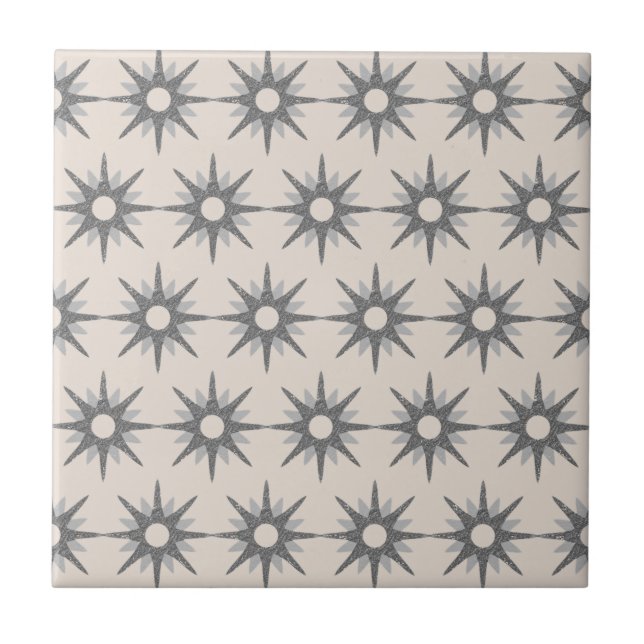 Mid-Century Modern Silver Starburst Pattern Cerami Ceramic Tile (Front)