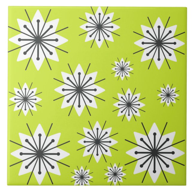 Mid Century Modern Snowflakes Chartreuse Ceramic Tile (Front)