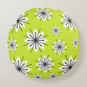 Mid Century Modern Snowflakes Chartreuse Round Pillow