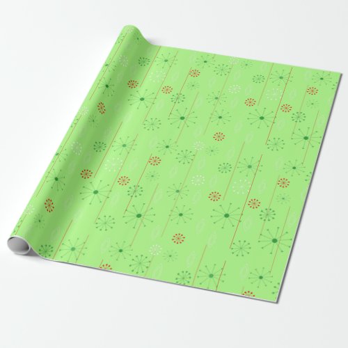 Mid century modern snowflakes in lime green wrapping paper