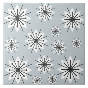 Mid Century Modern Snowflakes Silver Ceramic Tile