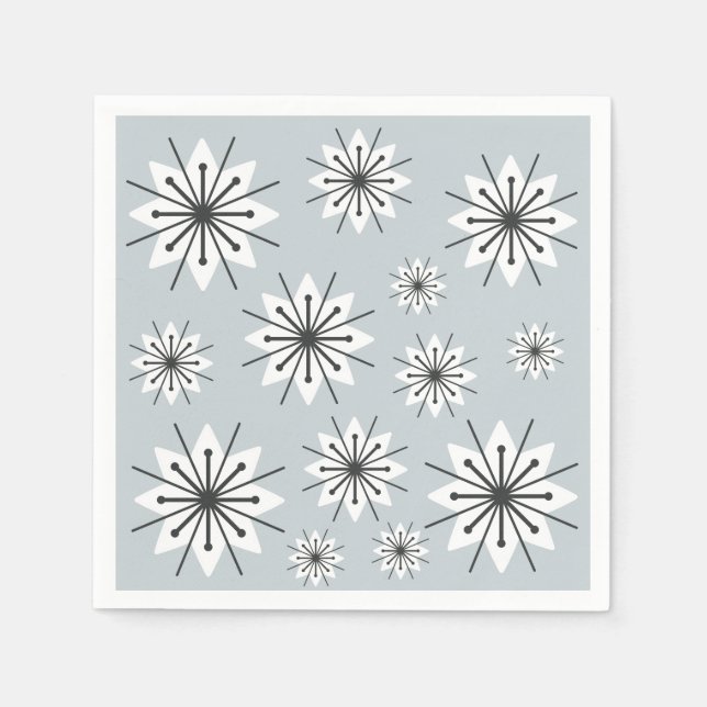 Mid Century Modern Snowflakes Silver Napkins (Front)