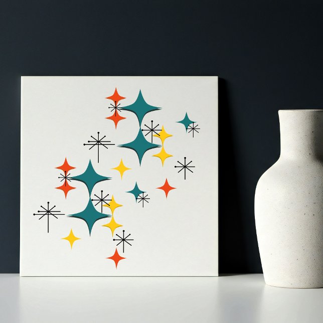 Mid Century Modern Space Age Diamonds Starbursts Ceramic Tile (Mid Century Modern Starbursts Stars Diamonds Pattern Red Teal Yellow)