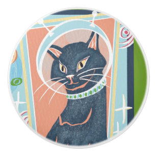 Mid Century Modern Space Kitty Ceramic Knob