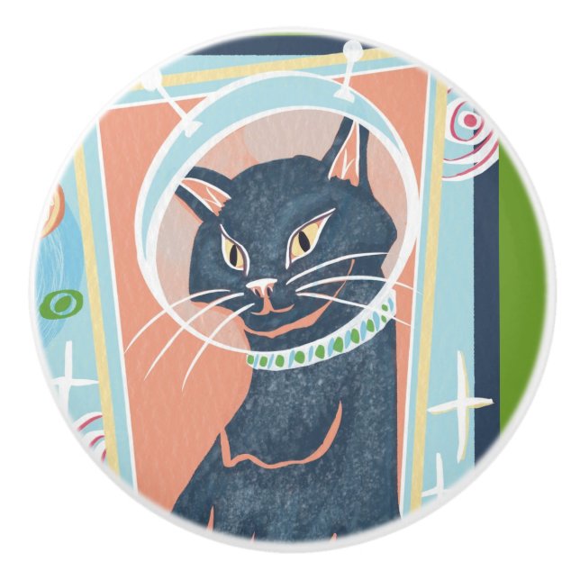 Mid Century Modern Space Kitty Ceramic Knob (Front)