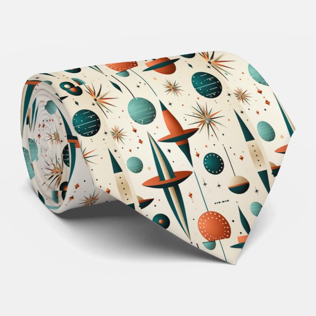 Mid Century Modern Sputnik Planets Stars Neck Tie (Rolled)