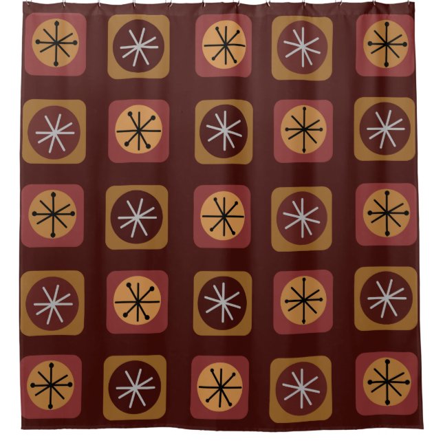 Mid Century Modern Sputnik Squares Burgundy Shower Curtain (Front)