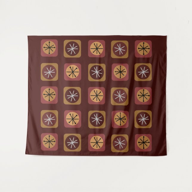 Mid Century Modern Sputnik Squares Burgundy Tapestry (Front (Horizontal))
