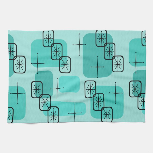 Mid Century Modern Sputnik Turquoise Kitchen Towel (Horizontal)