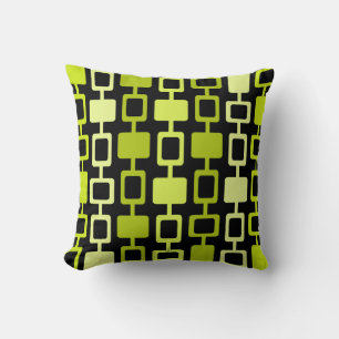 Mid Century Modern Square Columns Black Chartreuse Throw Pillow