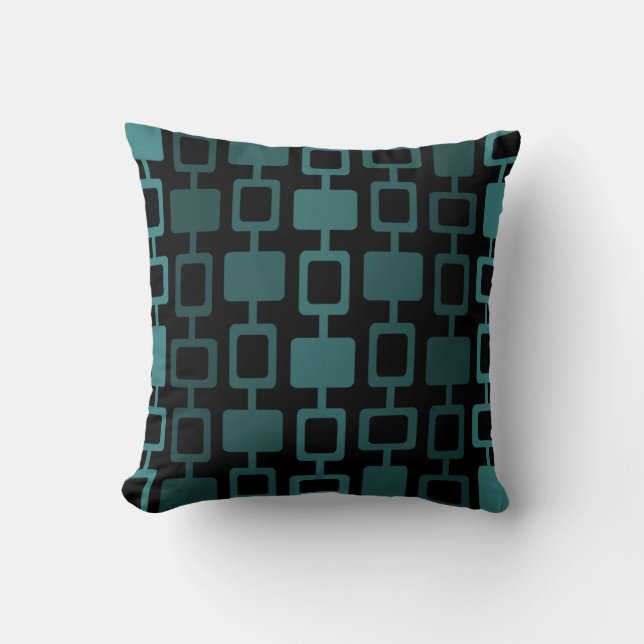 Mid Century Modern Square Columns Black Teal Throw Pillow (Front)