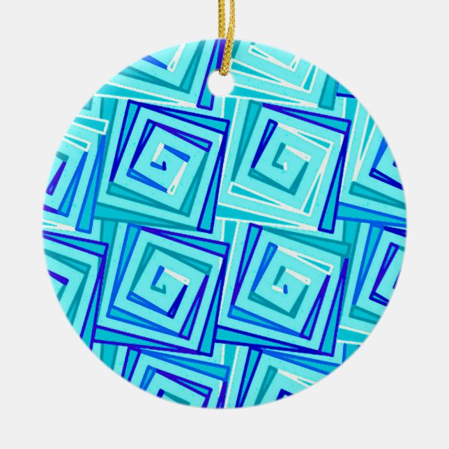 Mid-Century Modern square spirals - aqua multi Ceramic Ornament (Front)