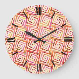 Mid-Century Modern square spirals - cream multi Large Clock