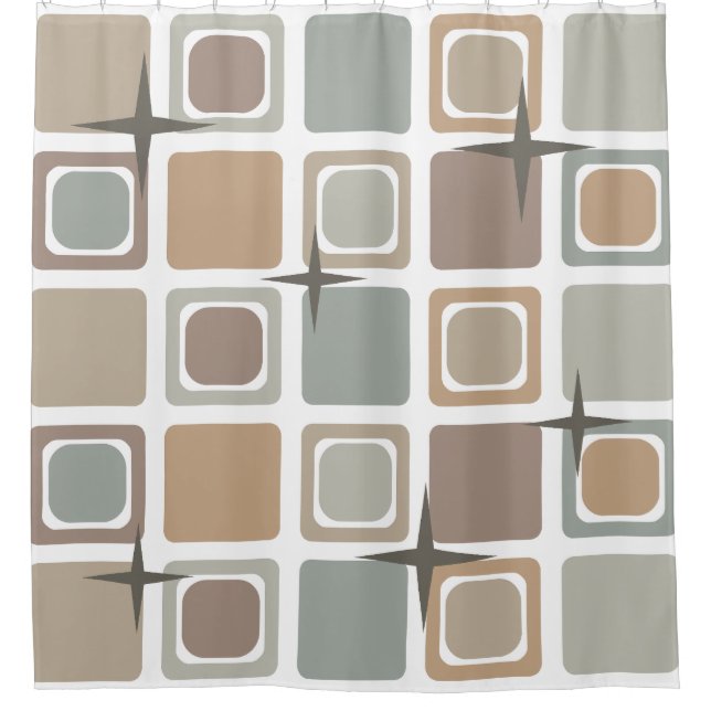 Mid Century Modern Squares Earth Tones Shower Curtain (Front)
