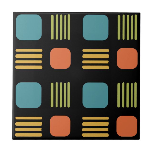 Mid-Century Modern Squares Lines Dark Colorful Ceramic Tile (Front)