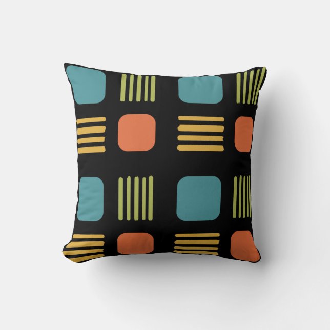 Mid-Century Modern Squares Lines Dark Colorful Throw Pillow (Front)