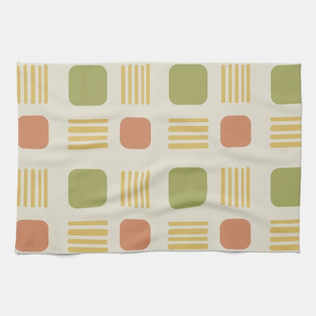 Mid-Century Modern Squares Lines Orange Green Kitchen Towel (Horizontal)