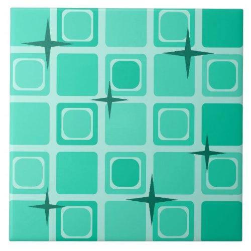 Mid Century Modern Squares Stars Teal Ceramic Tile