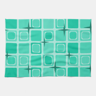 Mid Century Modern Squares Stars Teal Kitchen Towel