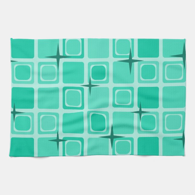 Mid Century Modern Squares Stars Teal Kitchen Towel (Horizontal)