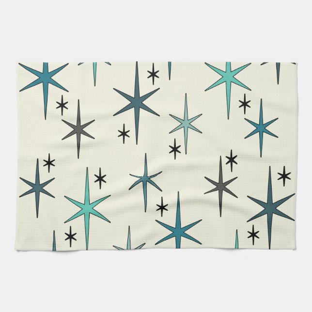 Mid Century Modern Star Sky Turquoise Kitchen Towel (Horizontal)