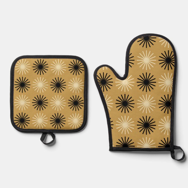 Mid Century Modern Starburst Pattern Oven Mitt & Pot Holder Set (Front)