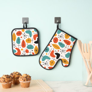 Mid Century Modern Starburst Pattern Oven Mitt & Pot Holder Set