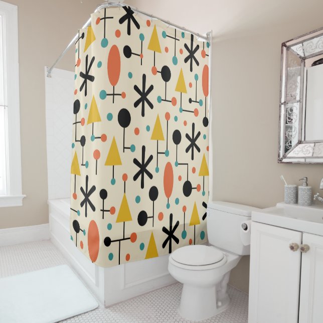 Mid Century Modern Starburst Pattern Shower Curtain (In Situ)